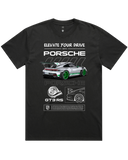 Men's Black Regular Fit Car & Letter Jumbo Print Graphic Short Sleeve Cotton Tee