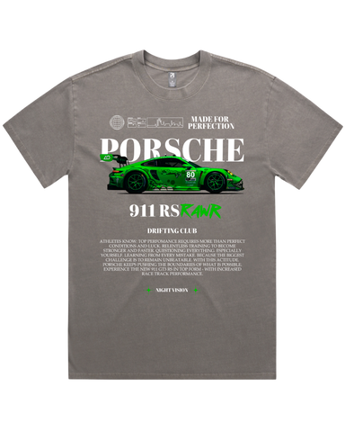 Men's Vintage Faded Grey Heavyweight Oversized Fit Car & Letter Jumbo Print Graphic Short Sleeve Cotton Tee