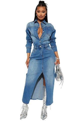 WOMEN FASHION DENIM LONG MAXI DRESS