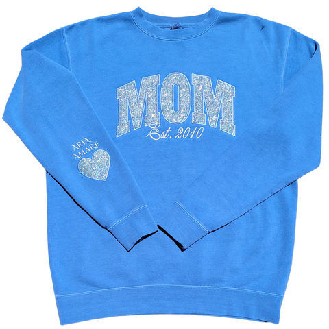 Custom Embroidered MOM Glitter Sweatshirt, choose glitter and stitching color and established date